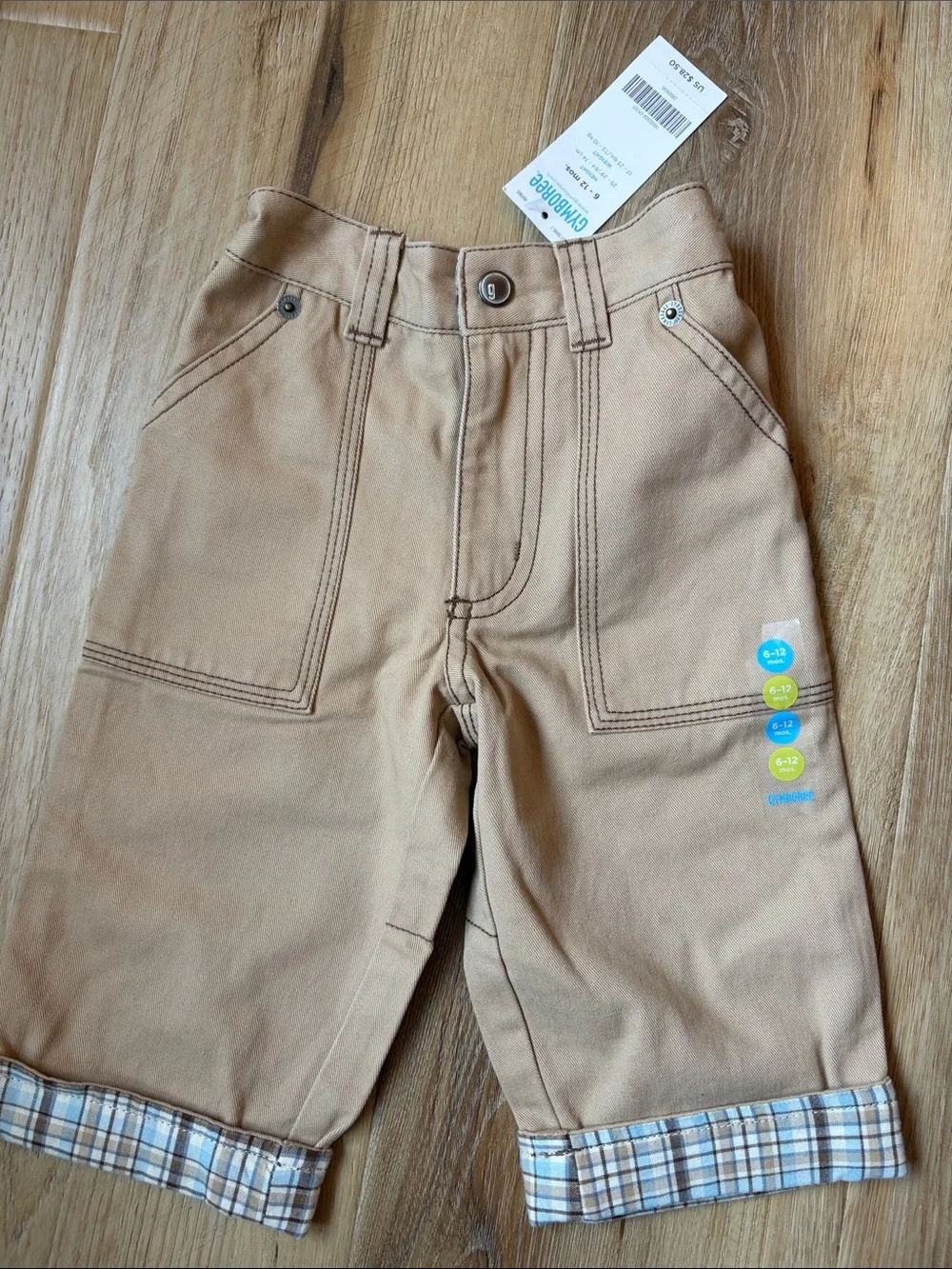 Vintage Kids Gymboree Tan Canvas Cargo Pants with Plaid Cuffs